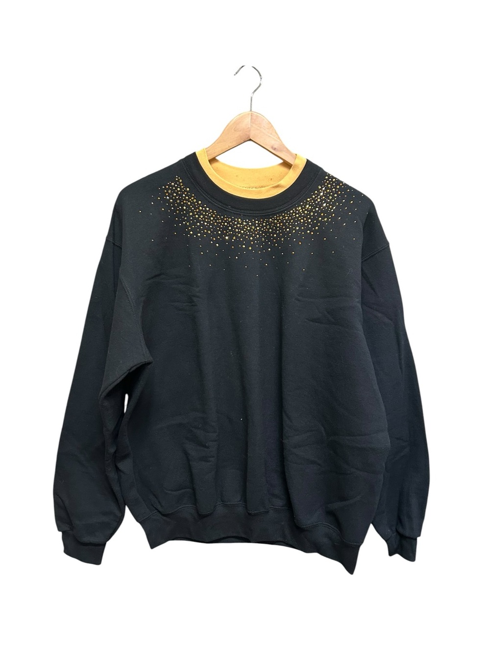 Vintage Morning Sun Top Stitch Sweatshirt XL Black Gold Rhinestone Double Collar